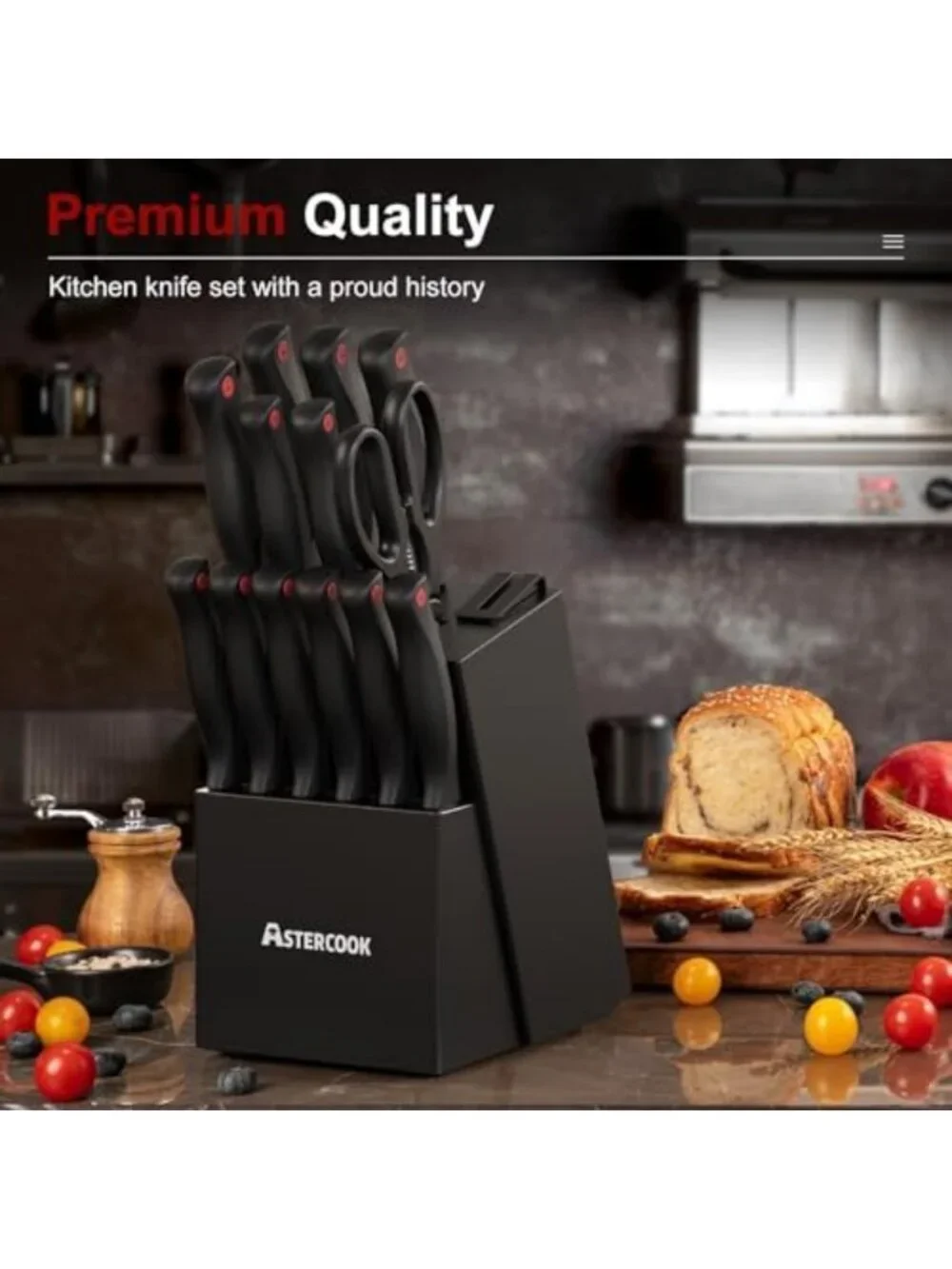 15-Piece Kitchen Knife Set with Block & Sharpener - German Steel, Professional